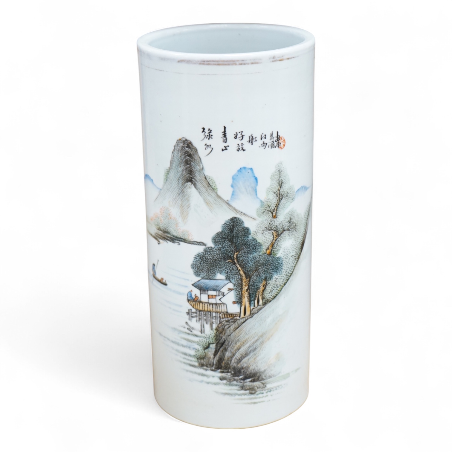 A Chinese polychrome porcelain brush pot, Republic period, 28cm high